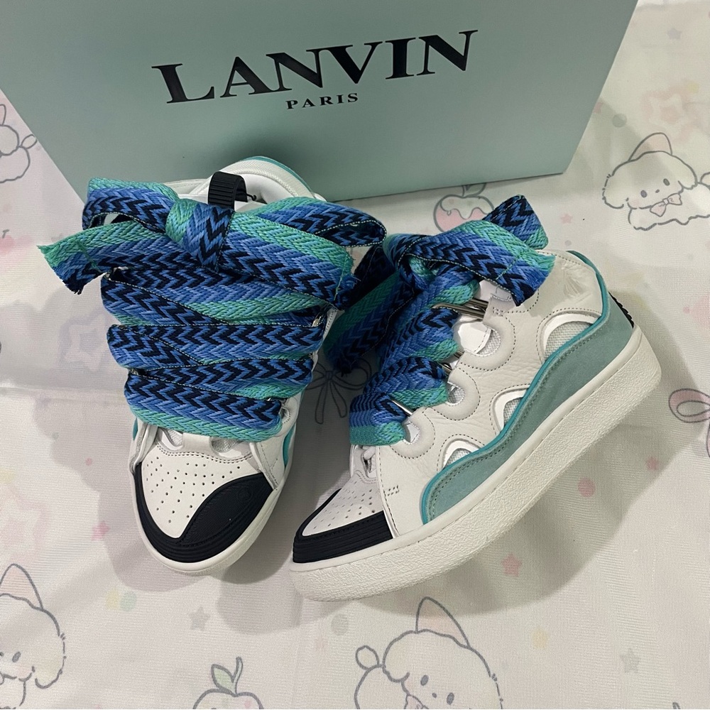 Lanvin White Leather Sneakers with Blue & Aqua Accents